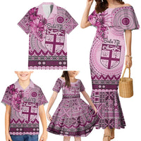 Vintage Bula Fiji Personalised Family Matching Mermaid Dress and Hawaiian Shirt Pink Hibiscus Tapa Pattern LT9 - Polynesian Pride
