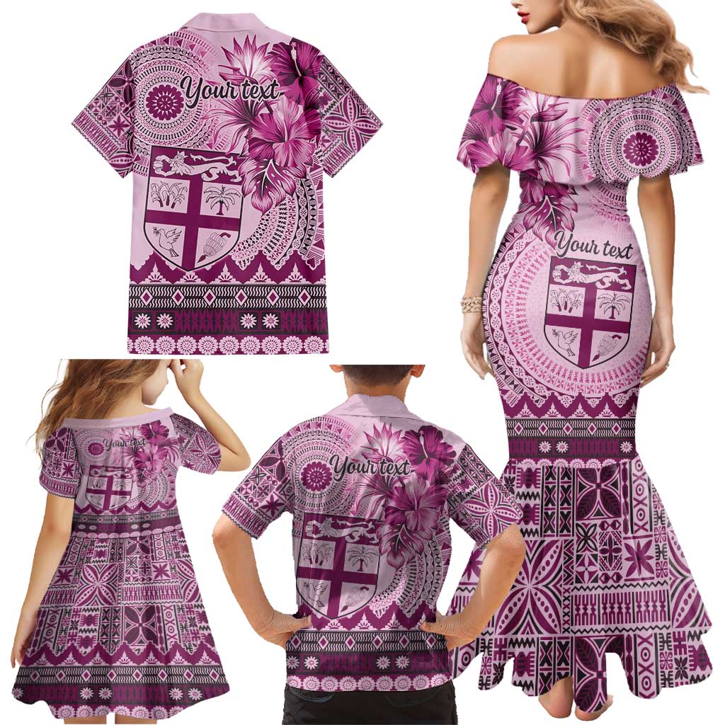 Vintage Bula Fiji Personalised Family Matching Mermaid Dress and Hawaiian Shirt Pink Hibiscus Tapa Pattern LT9 - Polynesian Pride