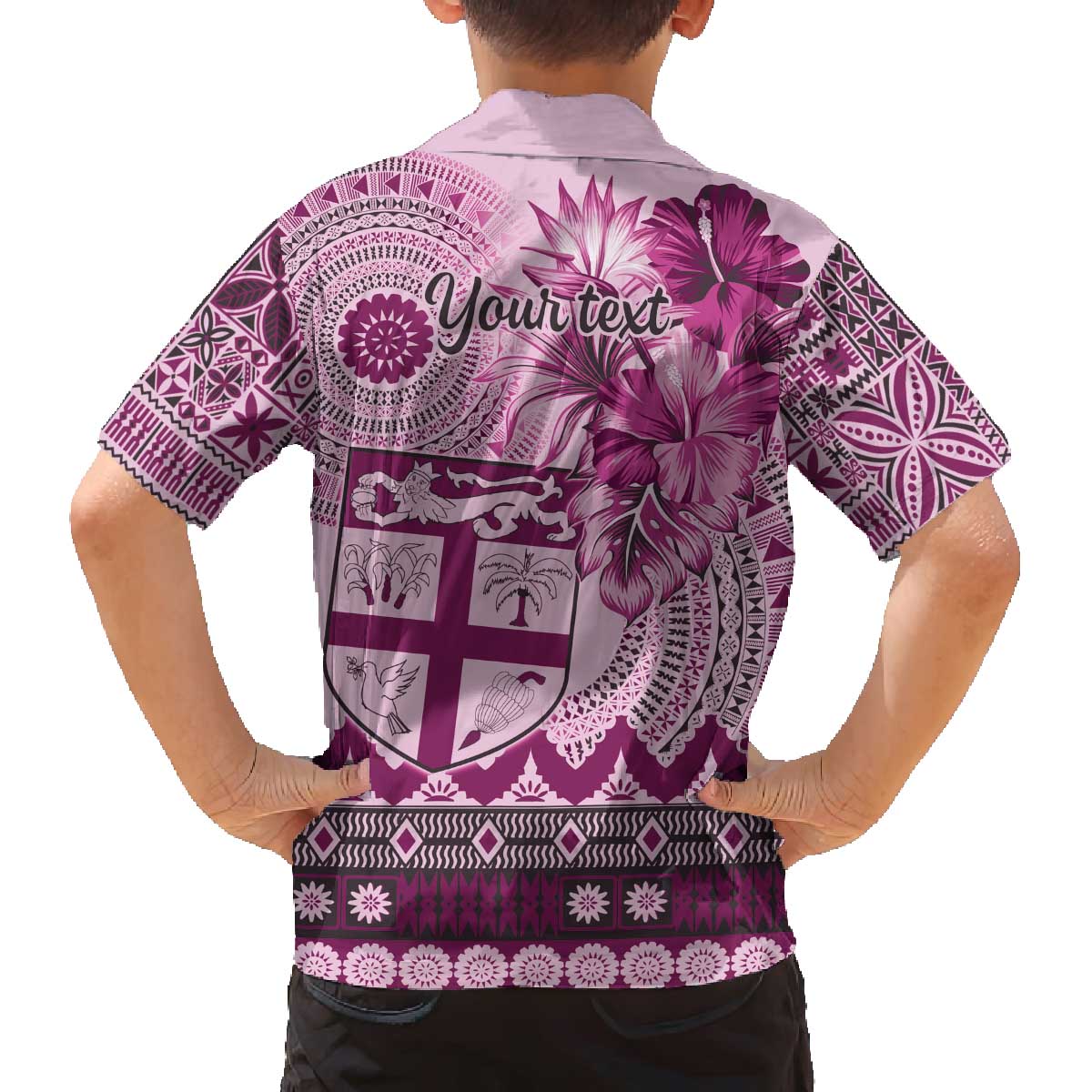 Vintage Bula Fiji Personalised Family Matching Off The Shoulder Long Sleeve Dress and Hawaiian Shirt Pink Hibiscus Tapa Pattern LT9 - Polynesian Pride