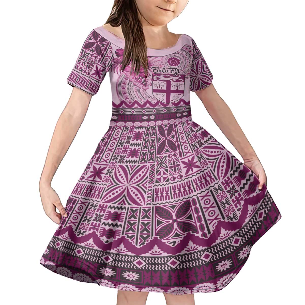 Vintage Bula Fiji Personalised Family Matching Off The Shoulder Long Sleeve Dress and Hawaiian Shirt Pink Hibiscus Tapa Pattern LT9 Daughter's Dress Pink - Polynesian Pride