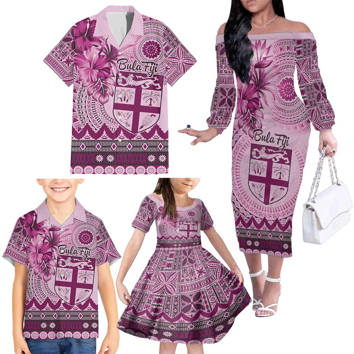 Vintage Bula Fiji Personalised Family Matching Off The Shoulder Long Sleeve Dress and Hawaiian Shirt Pink Hibiscus Tapa Pattern LT9 - Polynesian Pride
