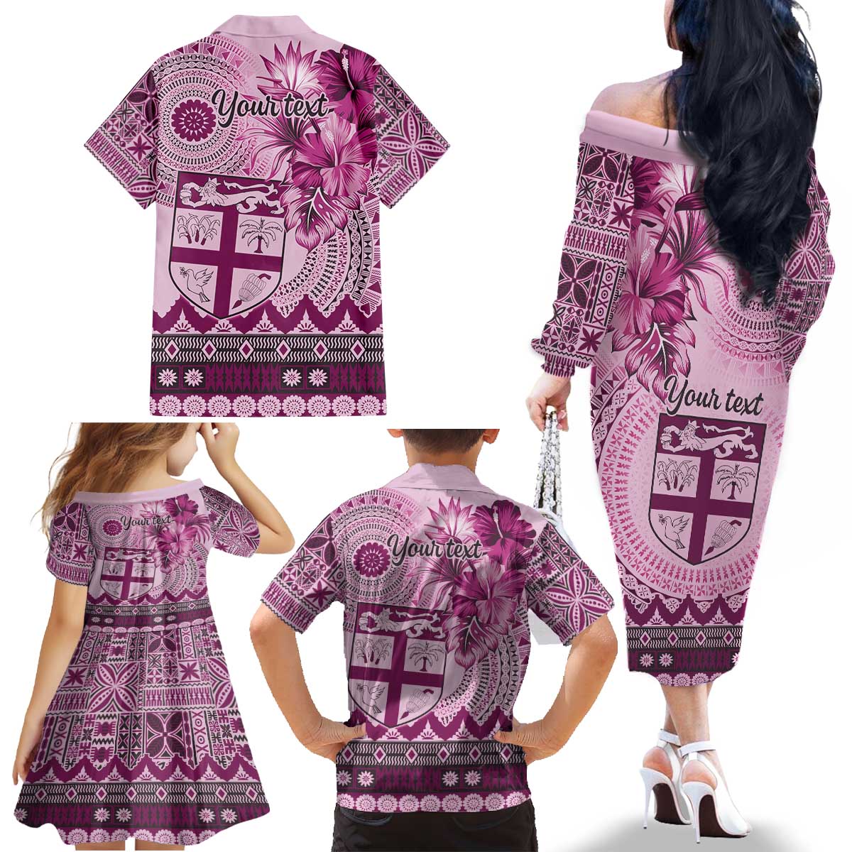 Vintage Bula Fiji Personalised Family Matching Off The Shoulder Long Sleeve Dress and Hawaiian Shirt Pink Hibiscus Tapa Pattern LT9 - Polynesian Pride