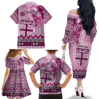 Vintage Bula Fiji Personalised Family Matching Off The Shoulder Long Sleeve Dress and Hawaiian Shirt Pink Hibiscus Tapa Pattern LT9 - Polynesian Pride