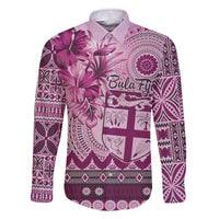 Vintage Bula Fiji Personalised Family Matching Off The Shoulder Long Sleeve Dress and Hawaiian Shirt Pink Hibiscus Tapa Pattern LT9 Dad's Shirt - Long Sleeve Pink - Polynesian Pride