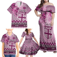 Vintage Bula Fiji Personalised Family Matching Off Shoulder Maxi Dress and Hawaiian Shirt Pink Hibiscus Tapa Pattern LT9 - Polynesian Pride