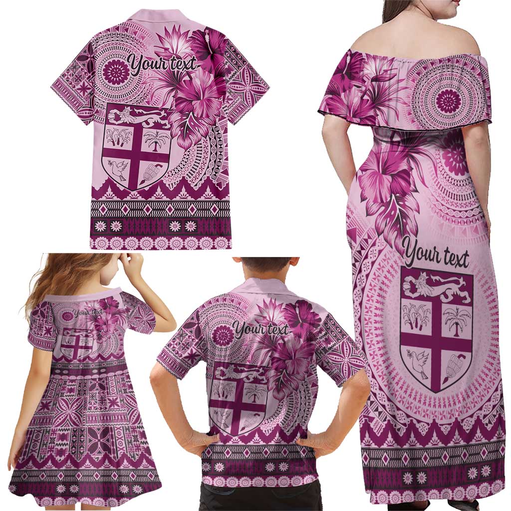 Vintage Bula Fiji Personalised Family Matching Off Shoulder Maxi Dress and Hawaiian Shirt Pink Hibiscus Tapa Pattern LT9 - Polynesian Pride