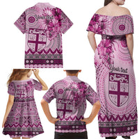 Vintage Bula Fiji Personalised Family Matching Off Shoulder Maxi Dress and Hawaiian Shirt Pink Hibiscus Tapa Pattern LT9 - Polynesian Pride