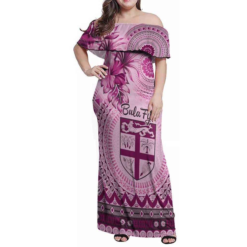 Vintage Bula Fiji Personalised Family Matching Off Shoulder Maxi Dress and Hawaiian Shirt Pink Hibiscus Tapa Pattern LT9 Mom's Dress Pink - Polynesian Pride