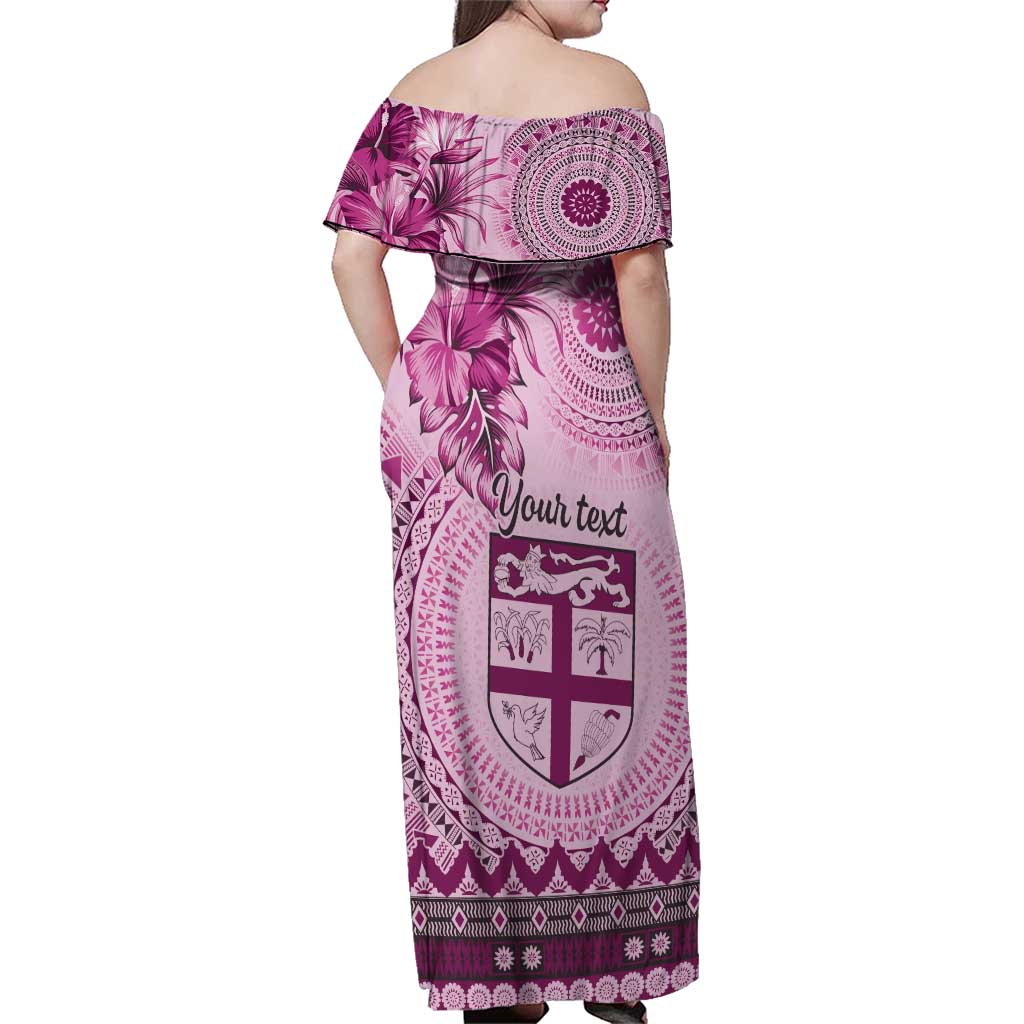 Vintage Bula Fiji Personalised Family Matching Off Shoulder Maxi Dress and Hawaiian Shirt Pink Hibiscus Tapa Pattern LT9 - Polynesian Pride