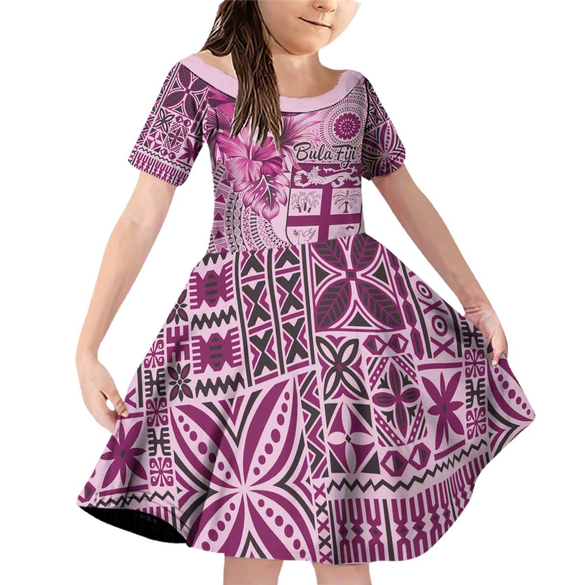 Vintage Bula Fiji Personalised Family Matching Off Shoulder Short Dress and Hawaiian Shirt Pink Hibiscus Tapa Pattern LT9 Daughter's Dress Pink - Polynesian Pride