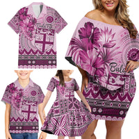 Vintage Bula Fiji Personalised Family Matching Off Shoulder Short Dress and Hawaiian Shirt Pink Hibiscus Tapa Pattern LT9 - Polynesian Pride