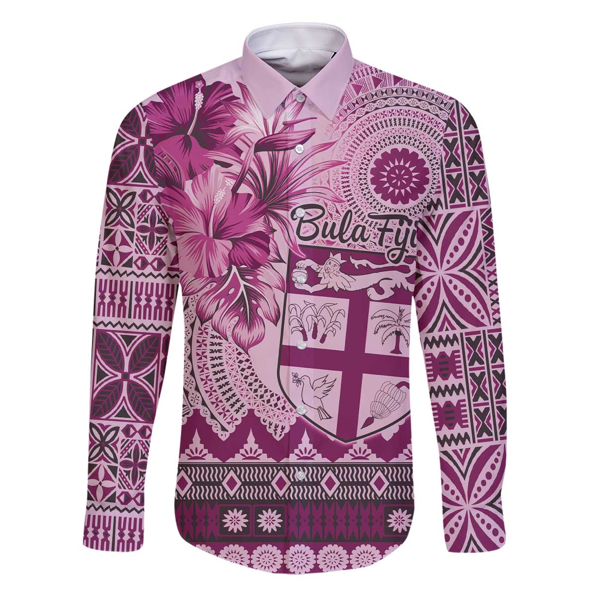 Vintage Bula Fiji Personalised Family Matching Off Shoulder Short Dress and Hawaiian Shirt Pink Hibiscus Tapa Pattern LT9 Dad's Shirt - Long Sleeve Pink - Polynesian Pride