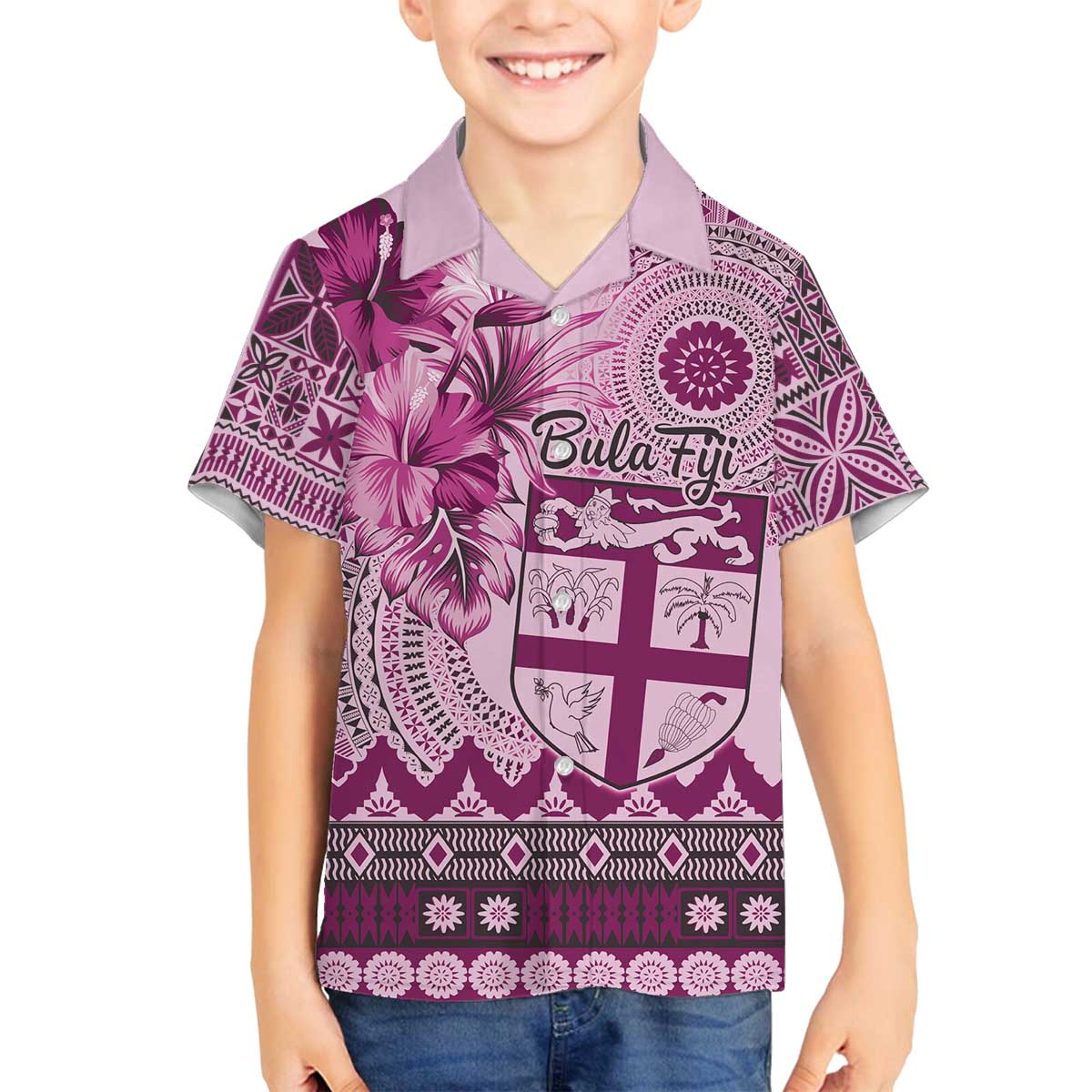 Vintage Bula Fiji Personalised Family Matching Off Shoulder Short Dress and Hawaiian Shirt Pink Hibiscus Tapa Pattern LT9 Son's Shirt Pink - Polynesian Pride