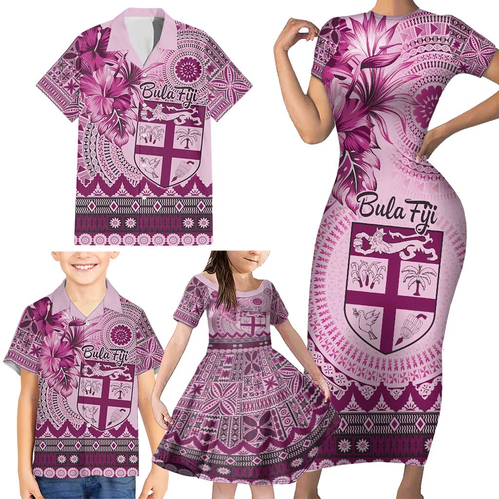 Vintage Bula Fiji Personalised Family Matching Short Sleeve Bodycon Dress and Hawaiian Shirt Pink Hibiscus Tapa Pattern LT9 - Polynesian Pride