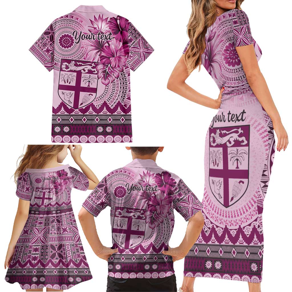 Vintage Bula Fiji Personalised Family Matching Short Sleeve Bodycon Dress and Hawaiian Shirt Pink Hibiscus Tapa Pattern LT9 - Polynesian Pride