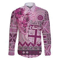 Vintage Bula Fiji Personalised Family Matching Short Sleeve Bodycon Dress and Hawaiian Shirt Pink Hibiscus Tapa Pattern LT9 Dad's Shirt - Long Sleeve Pink - Polynesian Pride