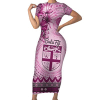 Vintage Bula Fiji Personalised Family Matching Short Sleeve Bodycon Dress and Hawaiian Shirt Pink Hibiscus Tapa Pattern LT9 Mom's Dress Pink - Polynesian Pride