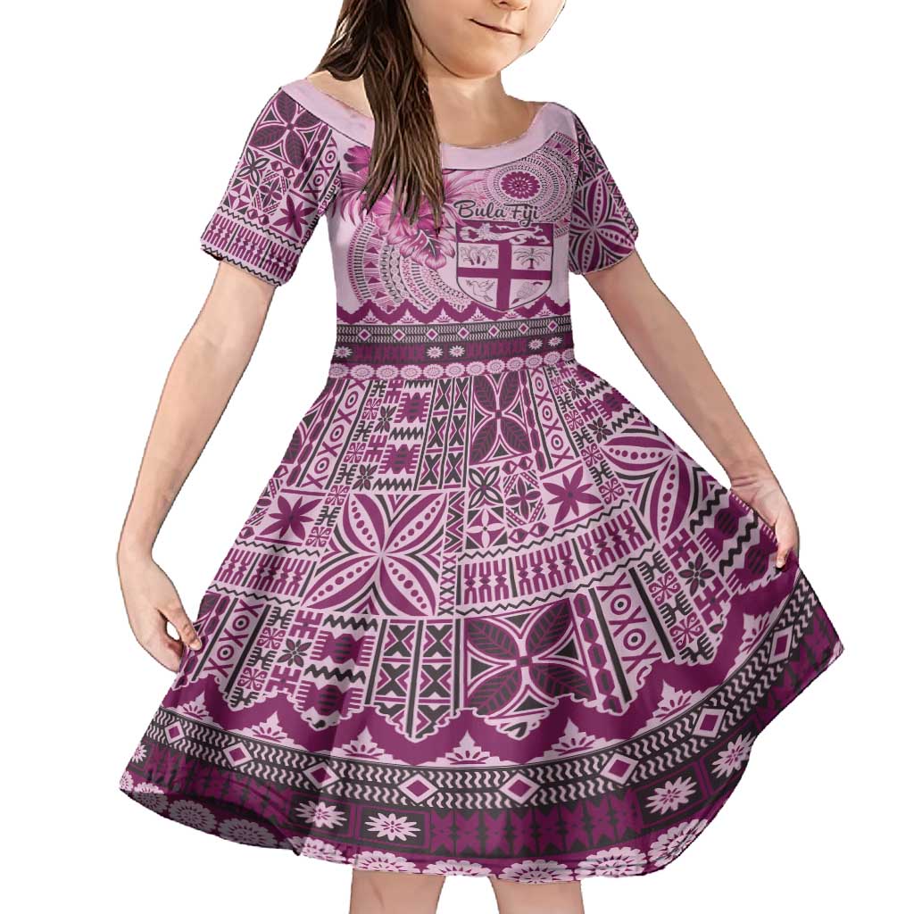 Vintage Bula Fiji Personalised Family Matching Summer Maxi Dress and Hawaiian Shirt Pink Hibiscus Tapa Pattern LT9 Daughter's Dress Pink - Polynesian Pride