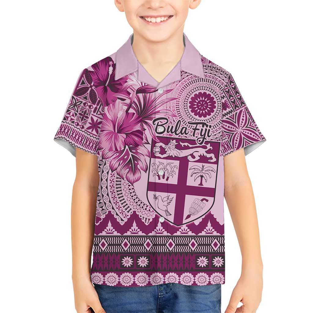 Vintage Bula Fiji Personalised Family Matching Summer Maxi Dress and Hawaiian Shirt Pink Hibiscus Tapa Pattern LT9 Son's Shirt Pink - Polynesian Pride