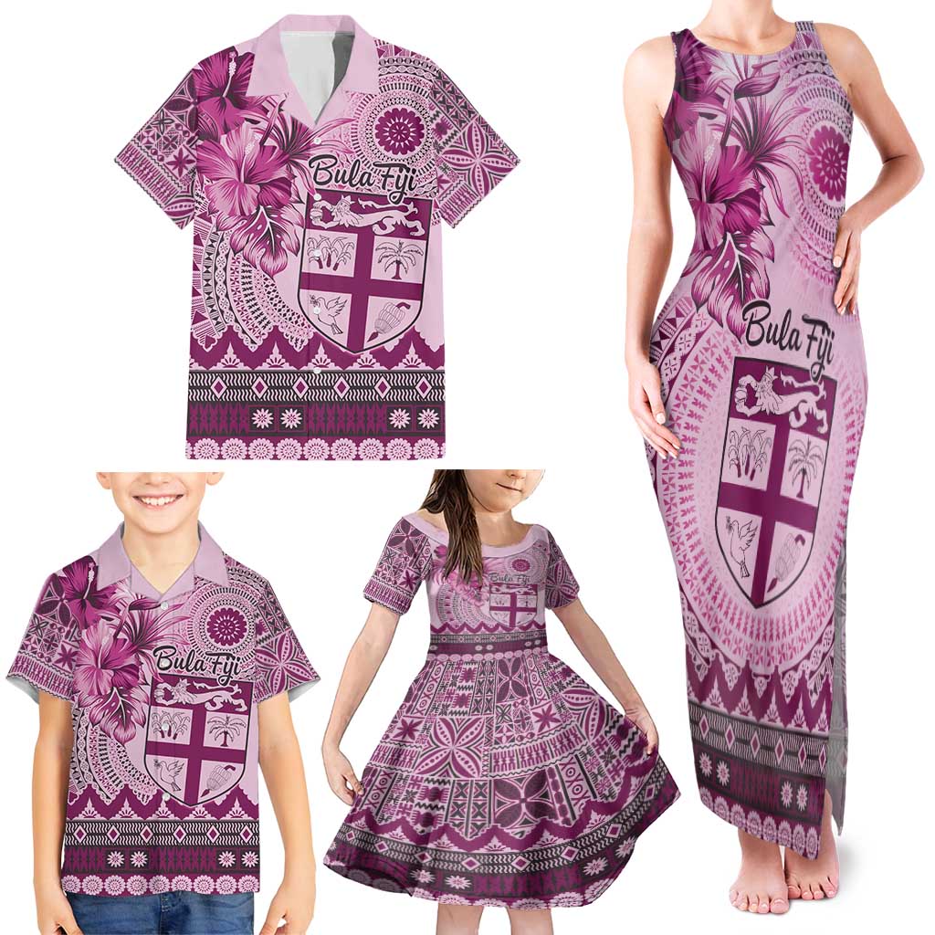 Vintage Bula Fiji Personalised Family Matching Tank Maxi Dress and Hawaiian Shirt Pink Hibiscus Tapa Pattern LT9 - Polynesian Pride