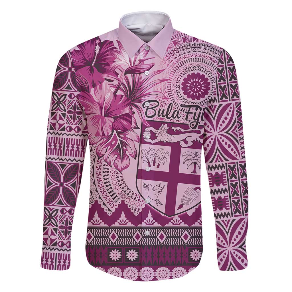 Vintage Bula Fiji Personalised Family Matching Tank Maxi Dress and Hawaiian Shirt Pink Hibiscus Tapa Pattern LT9 Dad's Shirt - Long Sleeve Pink - Polynesian Pride