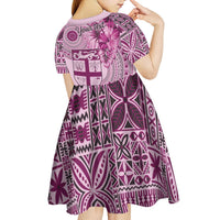 Vintage Bula Fiji Personalised Kid Short Sleeve Dress Pink Hibiscus Tapa Pattern
