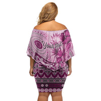 Vintage Bula Fiji Personalised Off Shoulder Short Dress Pink Hibiscus Tapa Pattern