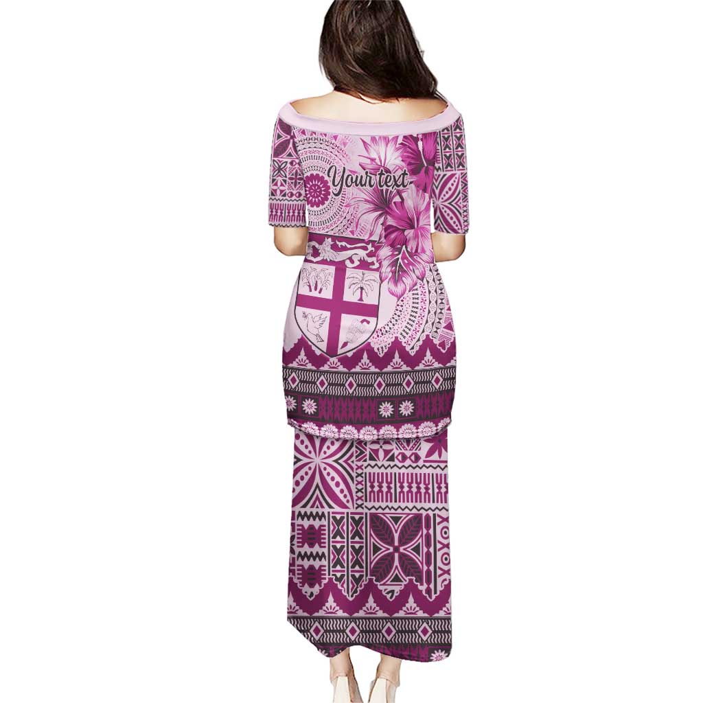 Vintage Bula Fiji Personalised Puletasi Pink Hibiscus Tapa Pattern