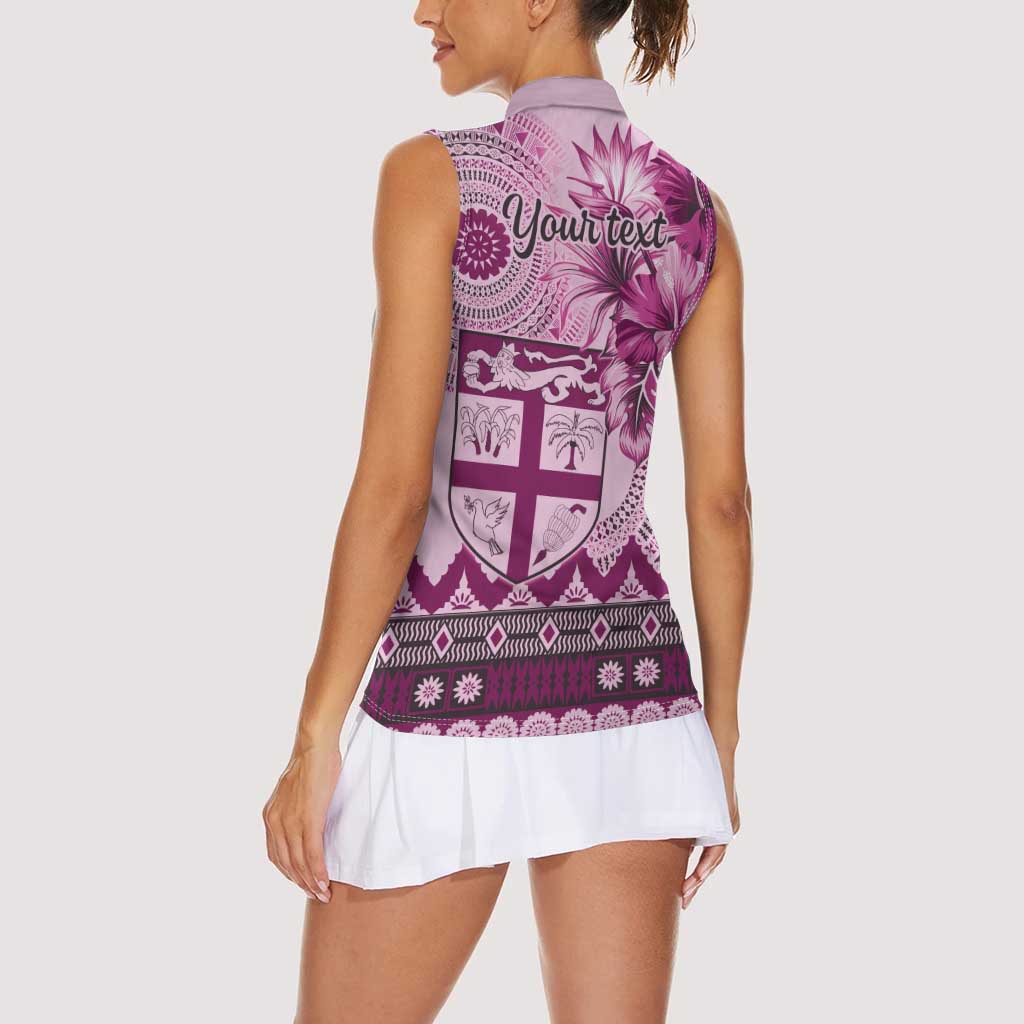 Vintage Bula Fiji Personalised Women Sleeveless Polo Shirt Pink Hibiscus Tapa Pattern