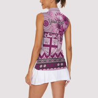 Vintage Bula Fiji Personalised Women Sleeveless Polo Shirt Pink Hibiscus Tapa Pattern