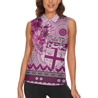 Vintage Bula Fiji Personalised Women Sleeveless Polo Shirt Pink Hibiscus Tapa Pattern
