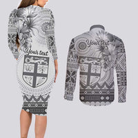 Vintage Bula Fiji Personalised Couples Matching Long Sleeve Bodycon Dress and Long Sleeve Button Shirt Beige Hibiscus Tapa Pattern