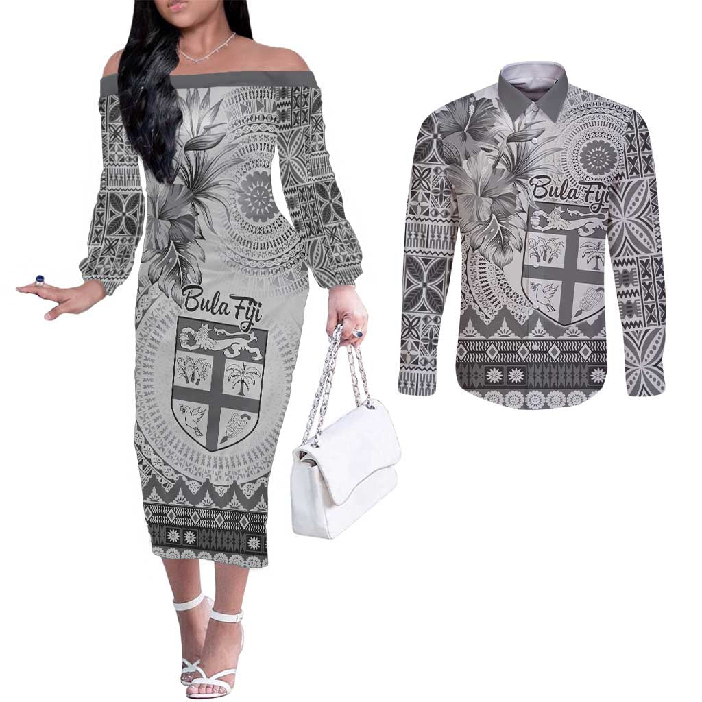 Vintage Bula Fiji Personalised Couples Matching Off The Shoulder Long Sleeve Dress and Long Sleeve Button Shirt Beige Hibiscus Tapa Pattern