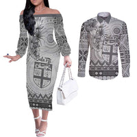 Vintage Bula Fiji Personalised Couples Matching Off The Shoulder Long Sleeve Dress and Long Sleeve Button Shirt Beige Hibiscus Tapa Pattern