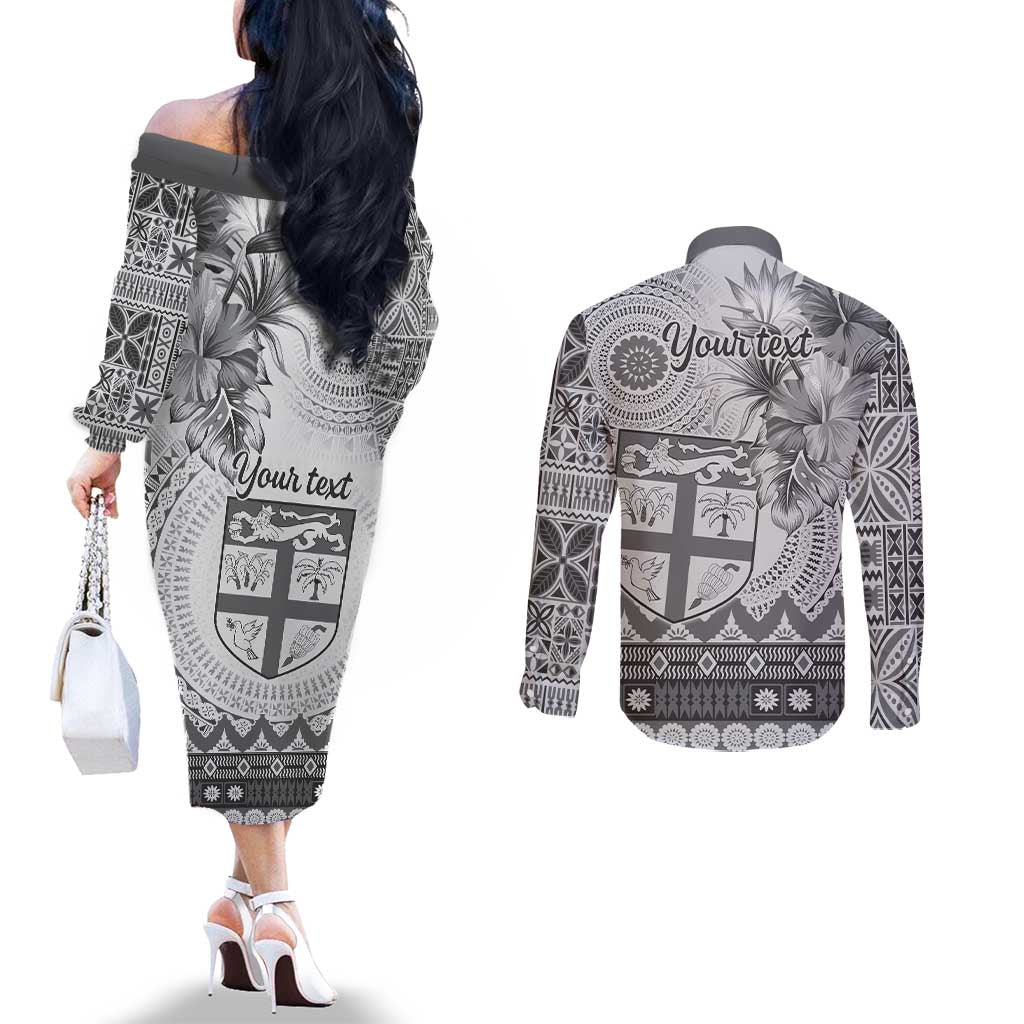 Vintage Bula Fiji Personalised Couples Matching Off The Shoulder Long Sleeve Dress and Long Sleeve Button Shirt Beige Hibiscus Tapa Pattern