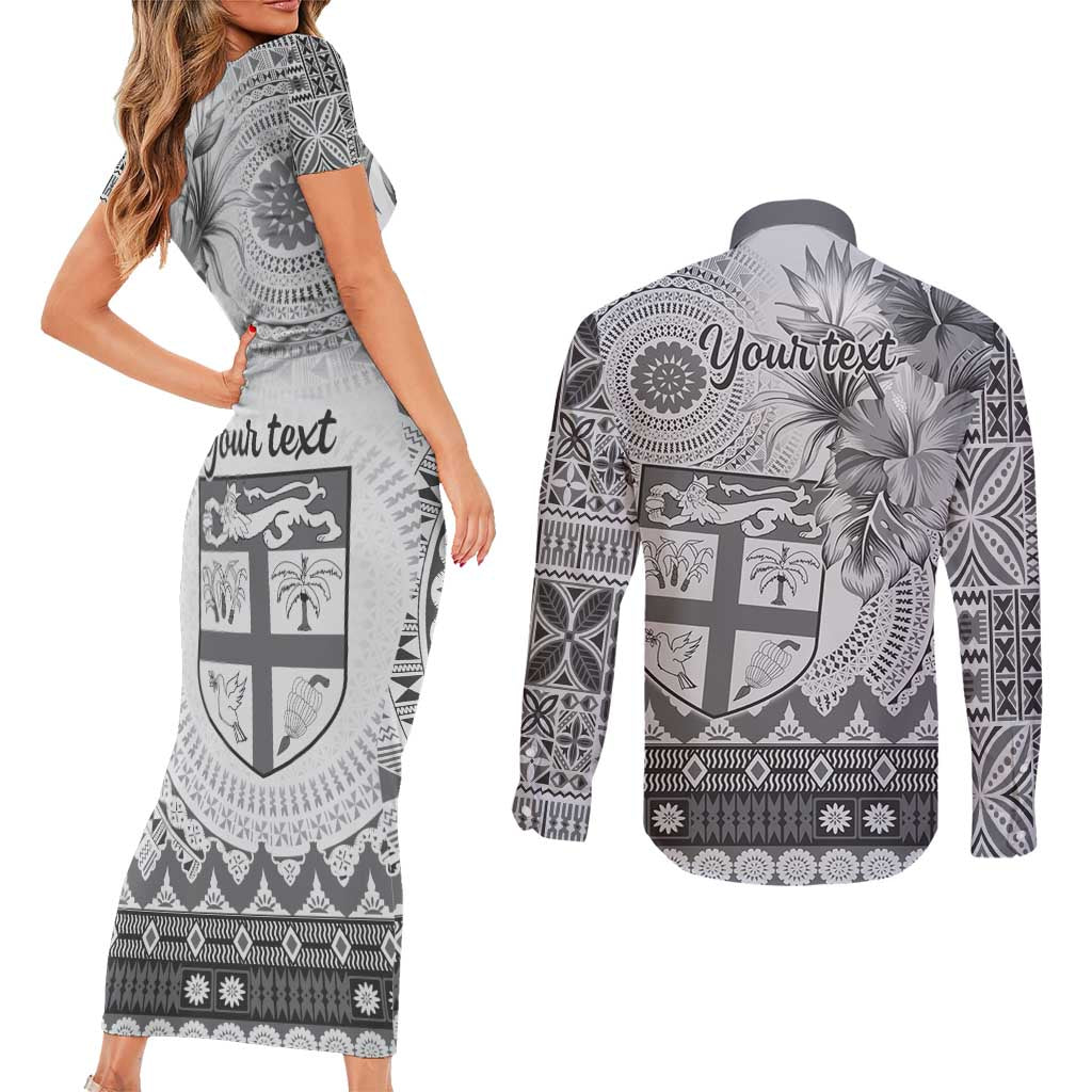 Vintage Bula Fiji Personalised Couples Matching Short Sleeve Bodycon Dress and Long Sleeve Button Shirt Beige Hibiscus Tapa Pattern