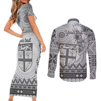 Vintage Bula Fiji Personalised Couples Matching Short Sleeve Bodycon Dress and Long Sleeve Button Shirt Beige Hibiscus Tapa Pattern
