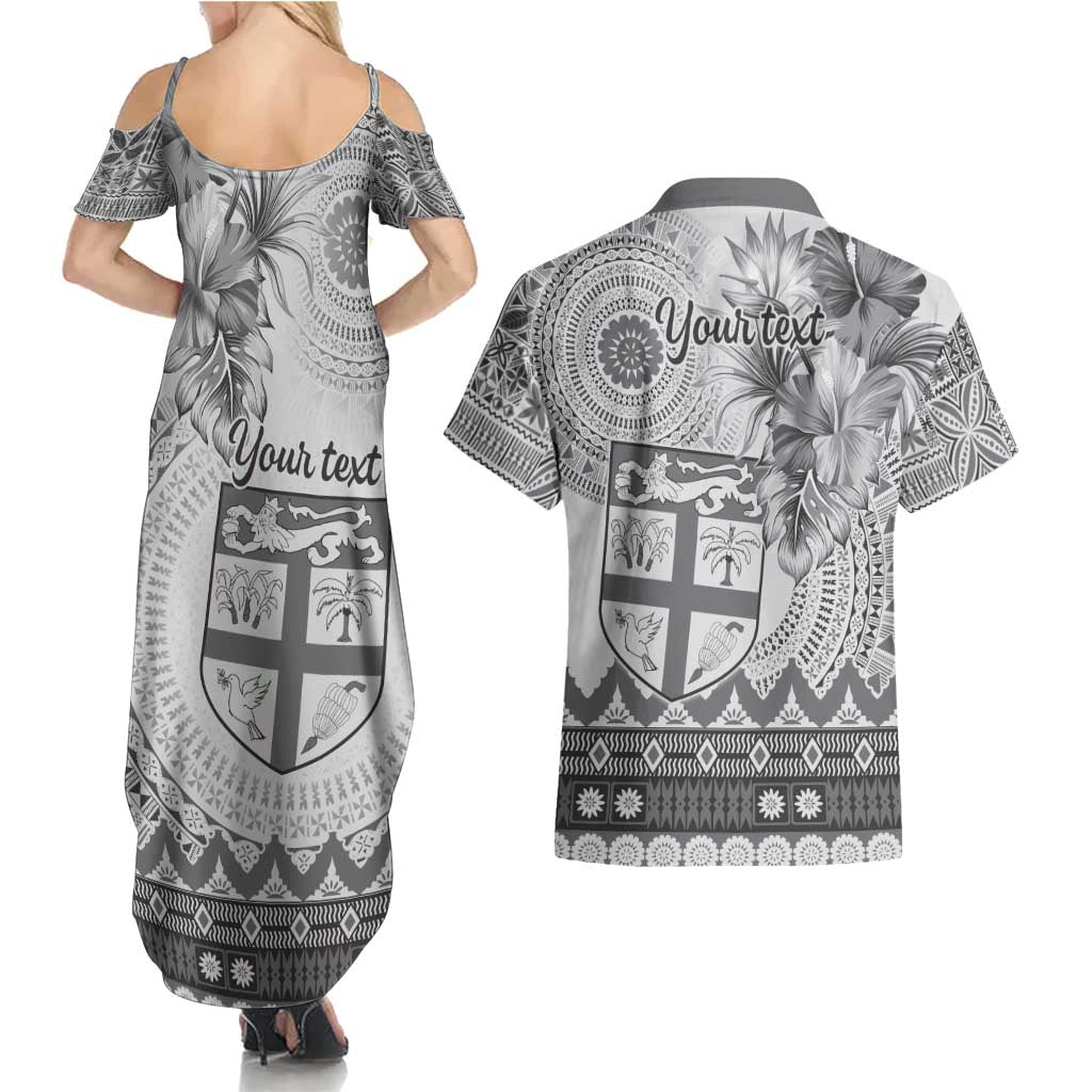 Vintage Bula Fiji Personalised Couples Matching Summer Maxi Dress and Hawaiian Shirt Beige Hibiscus Tapa Pattern