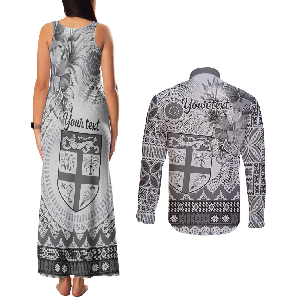 Vintage Bula Fiji Personalised Couples Matching Tank Maxi Dress and Long Sleeve Button Shirt Beige Hibiscus Tapa Pattern