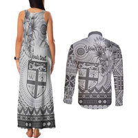 Vintage Bula Fiji Personalised Couples Matching Tank Maxi Dress and Long Sleeve Button Shirt Beige Hibiscus Tapa Pattern
