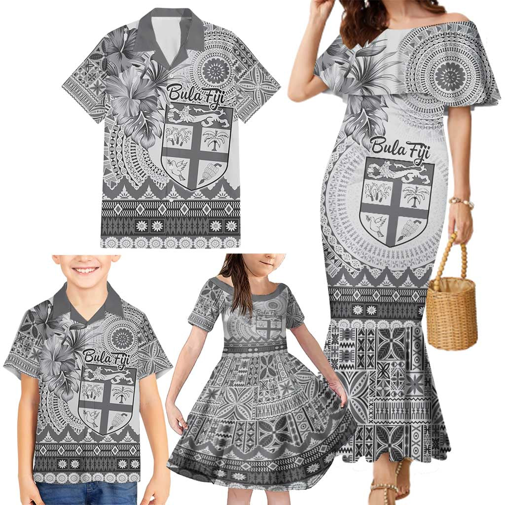 Vintage Bula Fiji Personalised Family Matching Mermaid Dress and Hawaiian Shirt Beige Hibiscus Tapa Pattern LT9 - Polynesian Pride