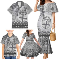 Vintage Bula Fiji Personalised Family Matching Mermaid Dress and Hawaiian Shirt Beige Hibiscus Tapa Pattern LT9 - Polynesian Pride