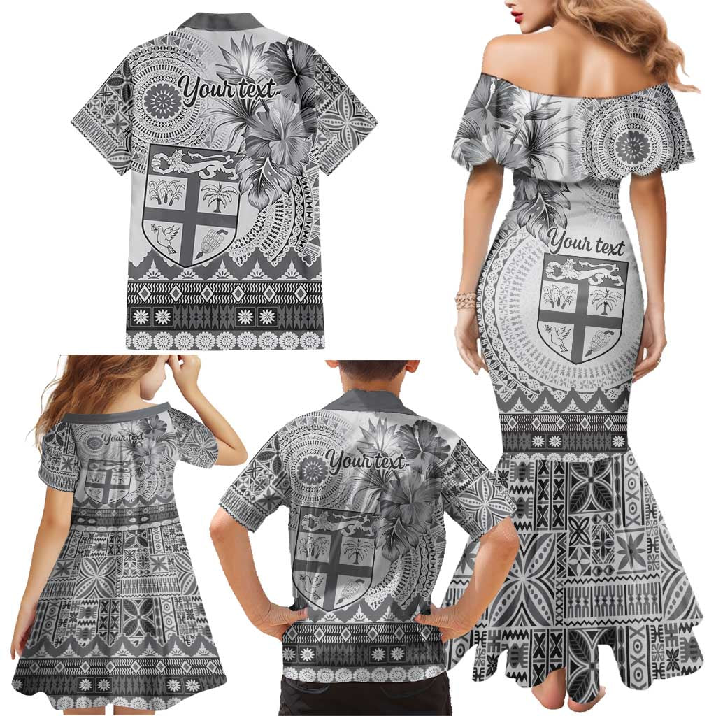 Vintage Bula Fiji Personalised Family Matching Mermaid Dress and Hawaiian Shirt Beige Hibiscus Tapa Pattern LT9 - Polynesian Pride