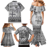 Vintage Bula Fiji Personalised Family Matching Mermaid Dress and Hawaiian Shirt Beige Hibiscus Tapa Pattern LT9 - Polynesian Pride