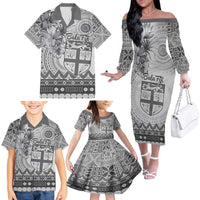Vintage Bula Fiji Personalised Family Matching Off The Shoulder Long Sleeve Dress and Hawaiian Shirt Beige Hibiscus Tapa Pattern LT9 - Polynesian Pride