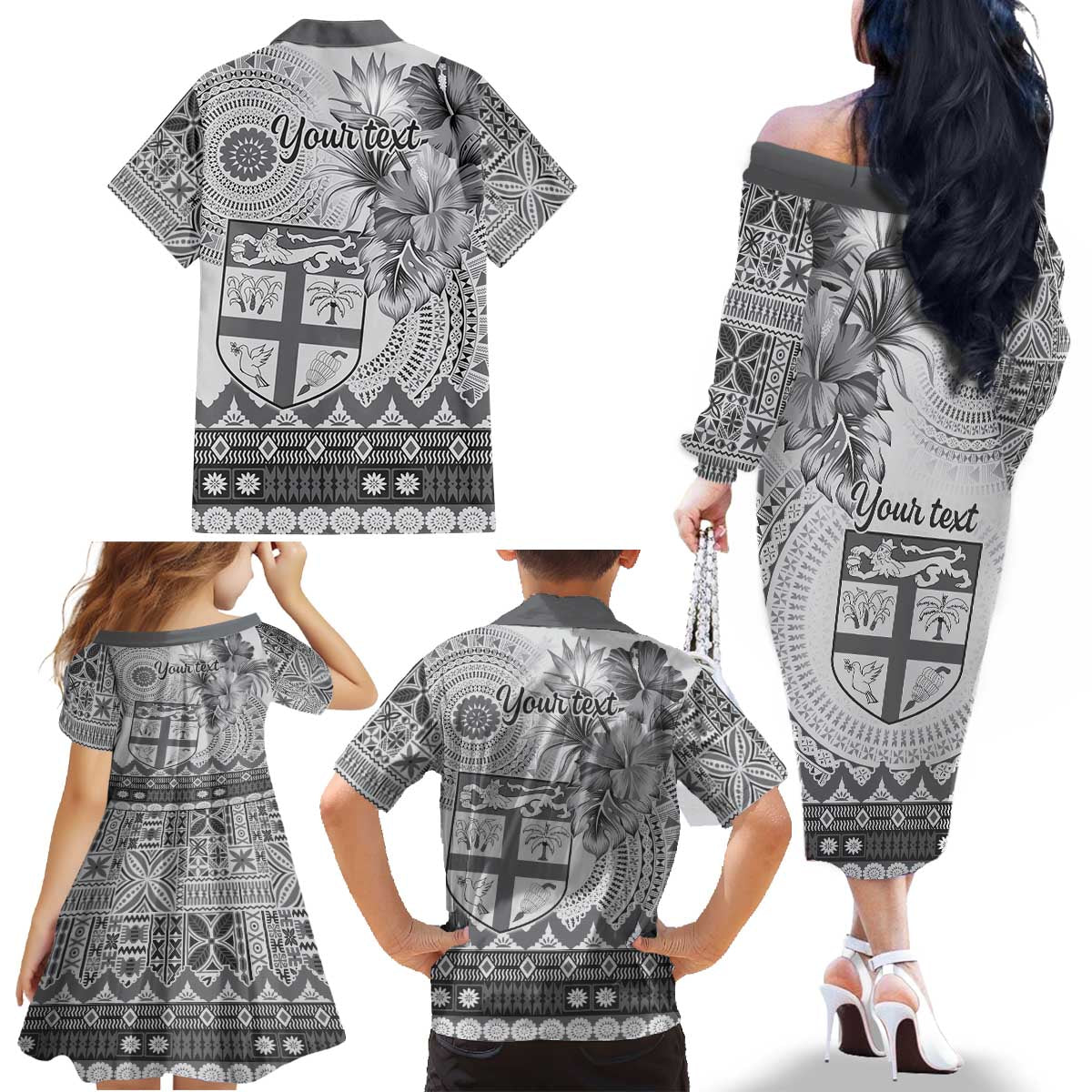 Vintage Bula Fiji Personalised Family Matching Off The Shoulder Long Sleeve Dress and Hawaiian Shirt Beige Hibiscus Tapa Pattern LT9 - Polynesian Pride