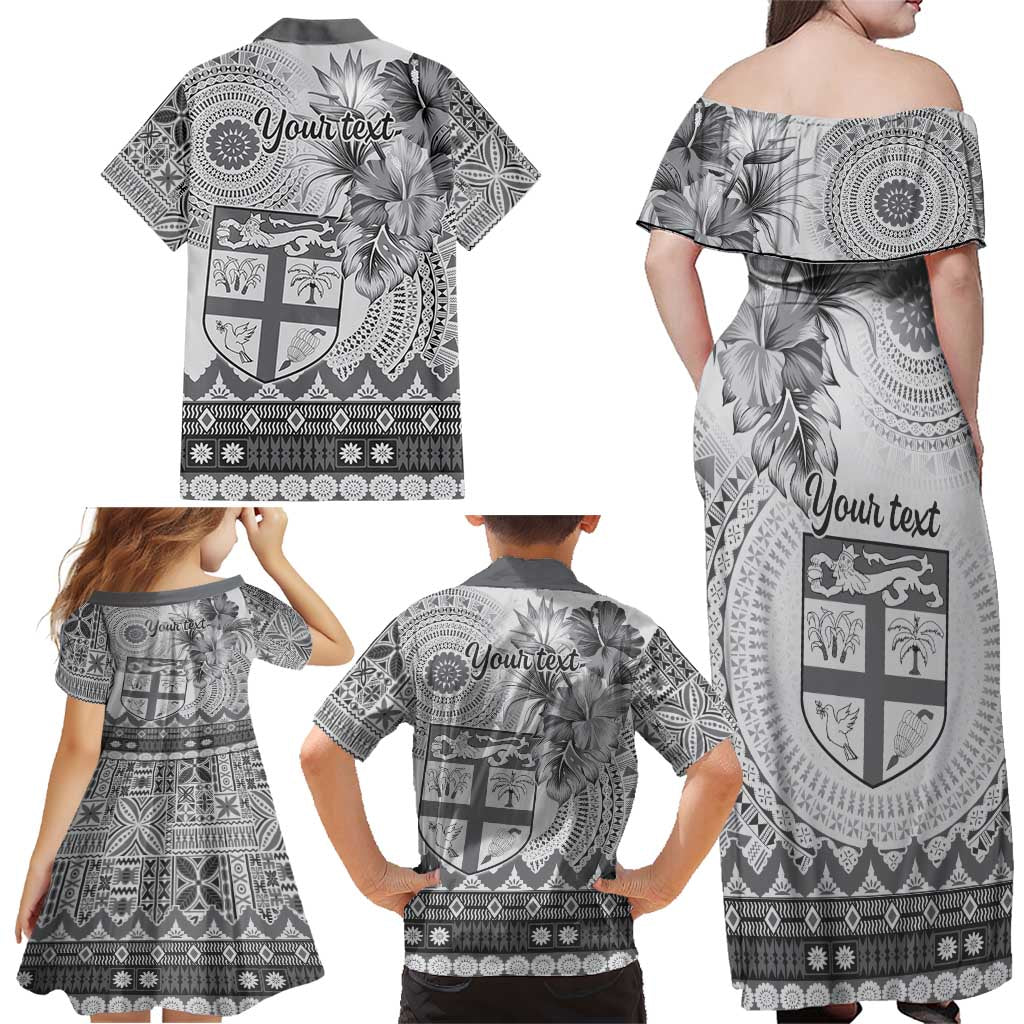 Vintage Bula Fiji Personalised Family Matching Off Shoulder Maxi Dress and Hawaiian Shirt Beige Hibiscus Tapa Pattern LT9 - Polynesian Pride