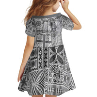 Vintage Bula Fiji Personalised Family Matching Off Shoulder Short Dress and Hawaiian Shirt Beige Hibiscus Tapa Pattern LT9 - Polynesian Pride