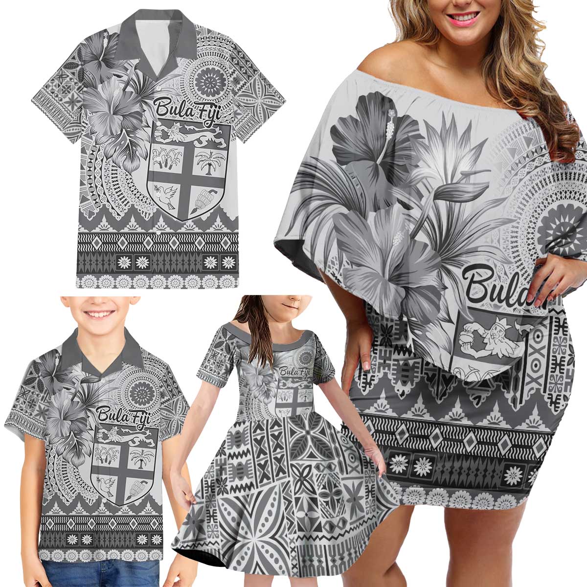 Vintage Bula Fiji Personalised Family Matching Off Shoulder Short Dress and Hawaiian Shirt Beige Hibiscus Tapa Pattern LT9 - Polynesian Pride