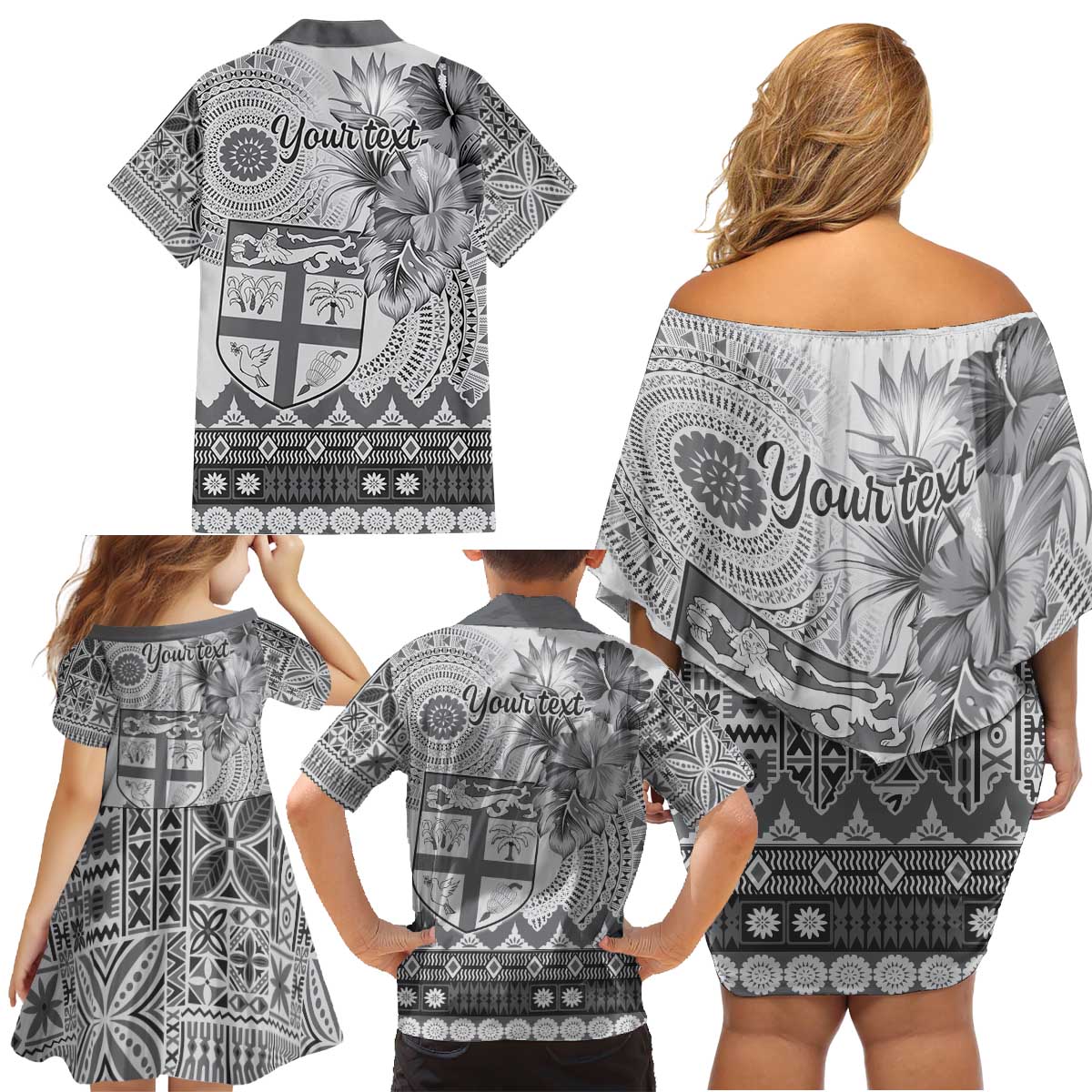 Vintage Bula Fiji Personalised Family Matching Off Shoulder Short Dress and Hawaiian Shirt Beige Hibiscus Tapa Pattern LT9 - Polynesian Pride